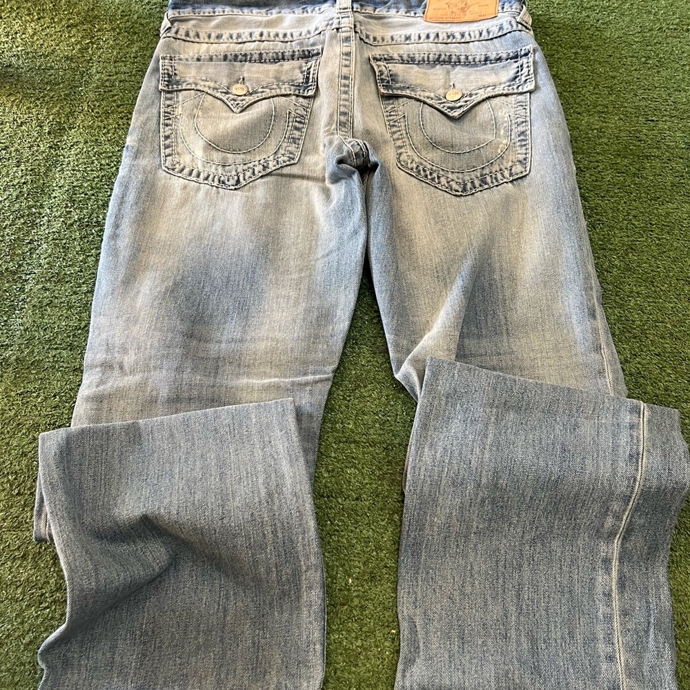 True Religion Blue Bootcut Jeans with Distressed Finish